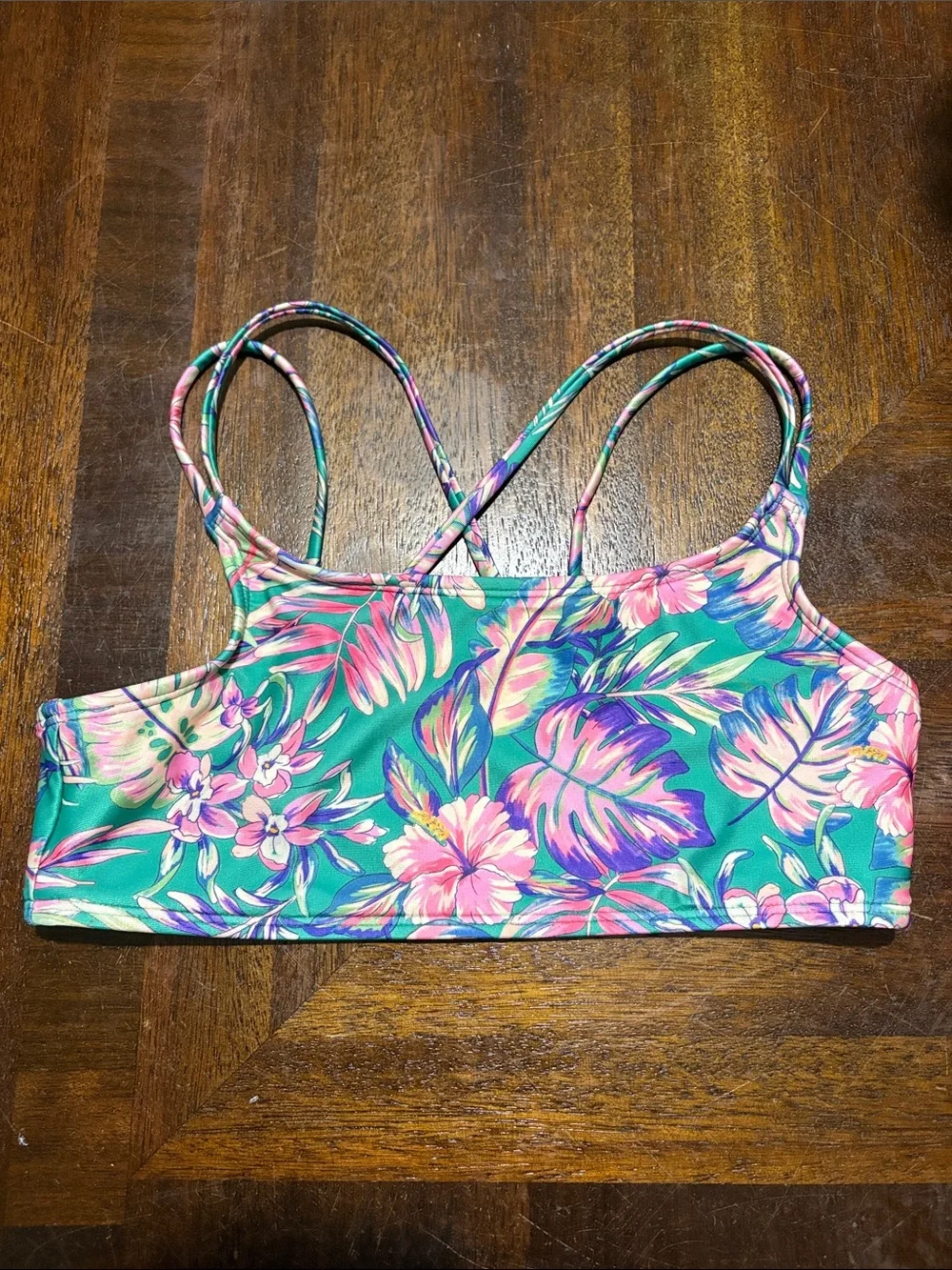 Girl’s Tropical Floral Strappy Swim Top - Green/Pink